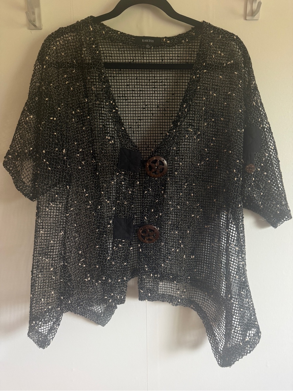 Kaktus XL Black Cream Open Weave Crochet Cardigan Asymmetrical Boho Jacket